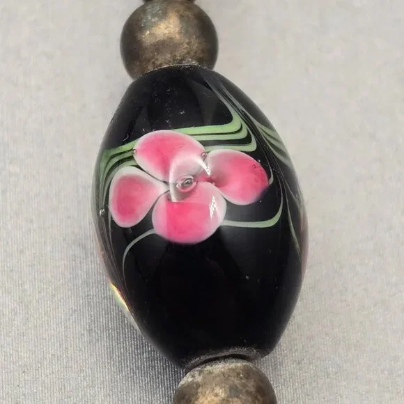 VTG Hand-Blown Lampwork Glass Bead Necklace 16" Floral Motifs Mixed Media - Picture 6 of 12